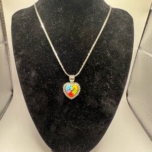 Alan K Sterling Millefiori Murano Glass Heart Pendant on Crown Trifari Necklace